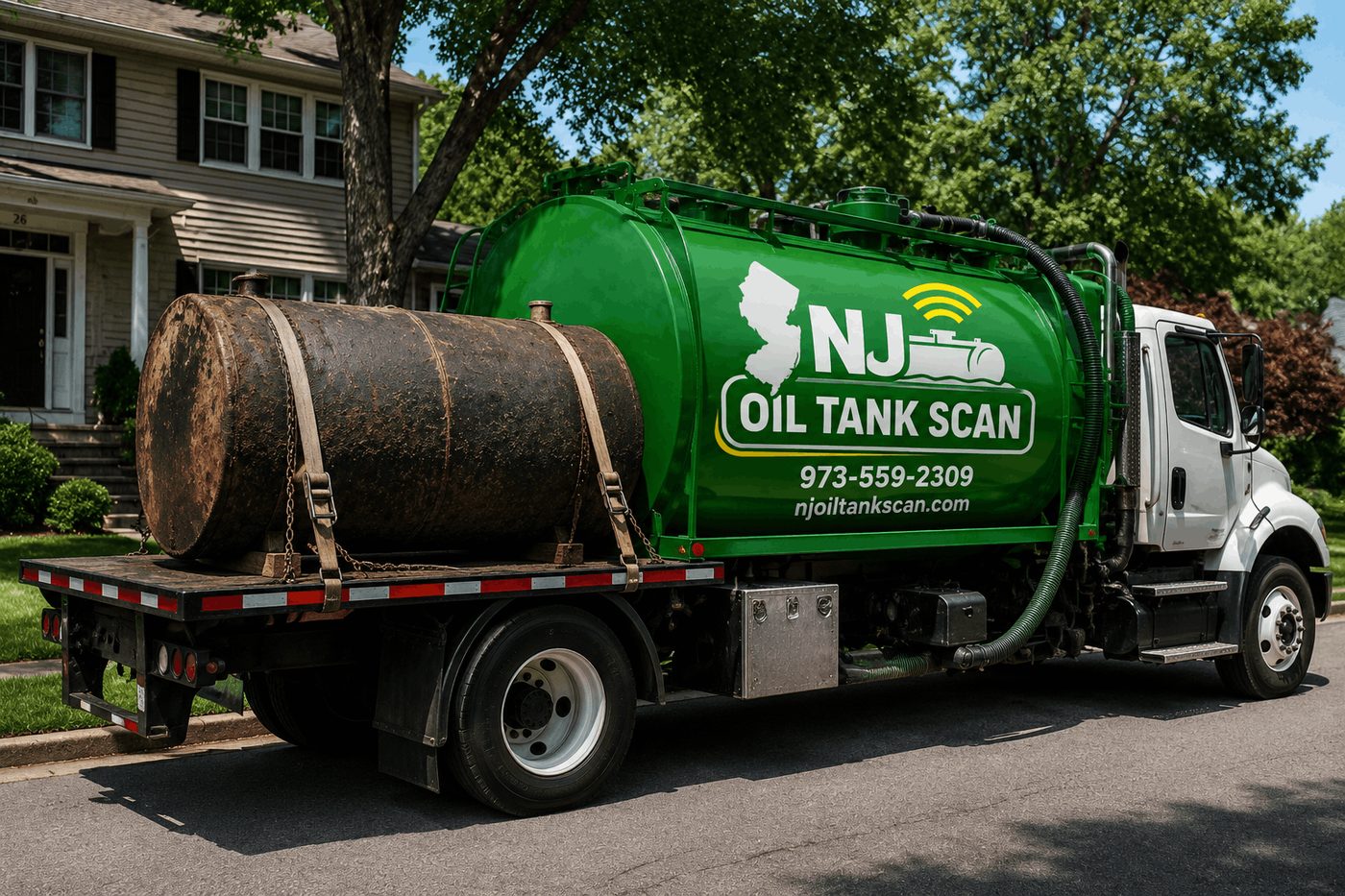Underground cutaway view of a buried oil tank beside a New Jersey home with vent and fill pipes