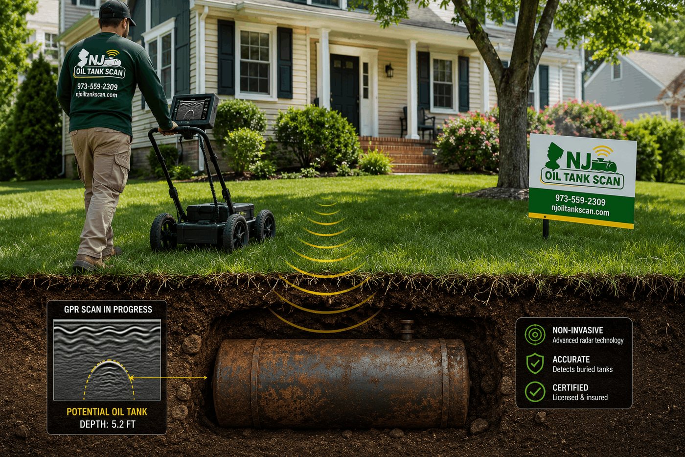 Diagram showing how ground penetrating radar works to detect a buried oil tank step by step