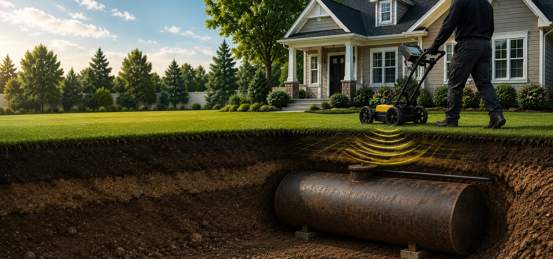 Ground penetrating radar oil tank sweep on a New Jersey front lawn revealing a buried underground oil tank