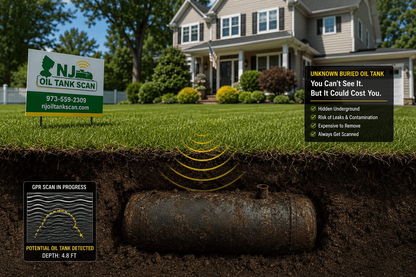 NJ Oil Tank Scan service truck with a removed rusted underground oil tank in a New Jersey neighborhood