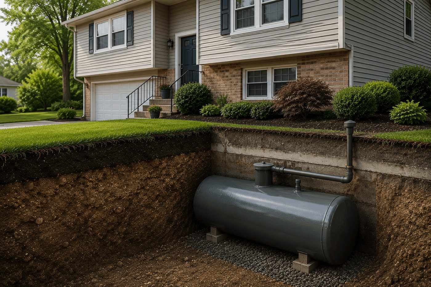 NJ Oil Tank Scan technician performing a ground penetrating radar oil tank sweep on a New Jersey front lawn beside a branded yard sign
