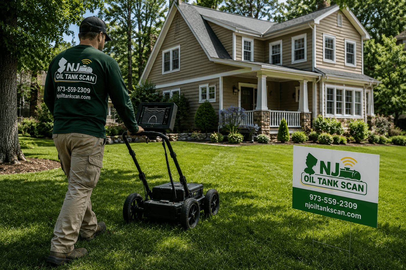 NJ Oil Tank Scan yard sign in front of a home with a GPR scan detecting a buried oil tank at 4.8 feet deep
