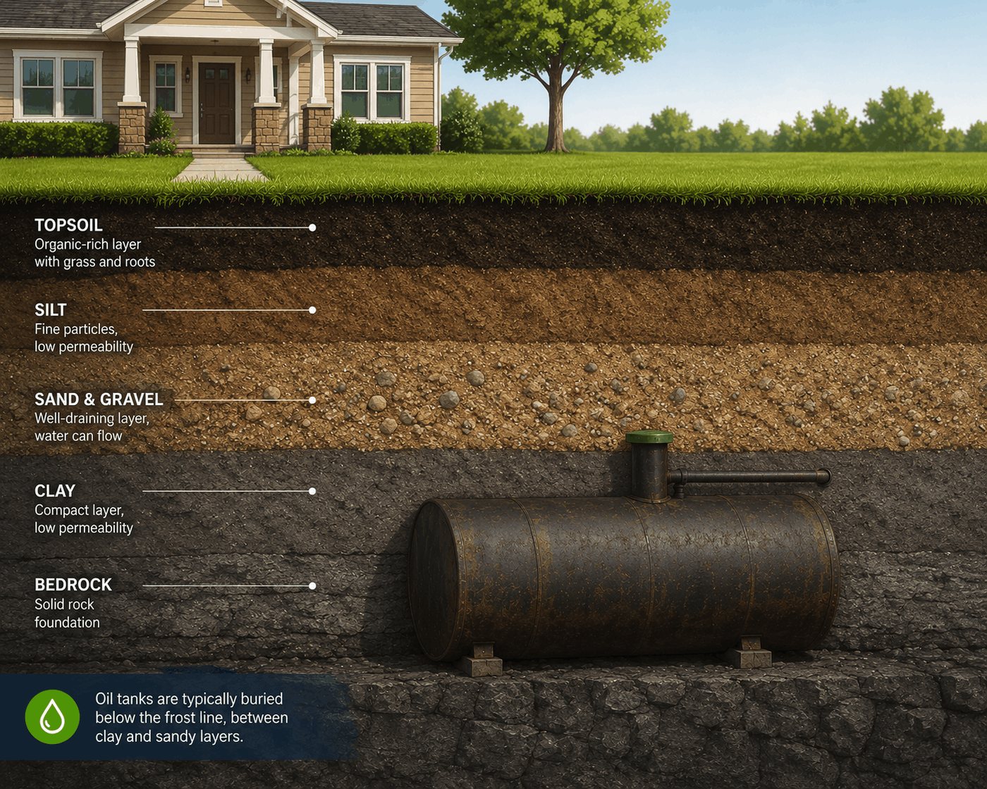 Cutaway diagram of soil layers showing a buried underground oil tank below the frost line at a New Jersey home