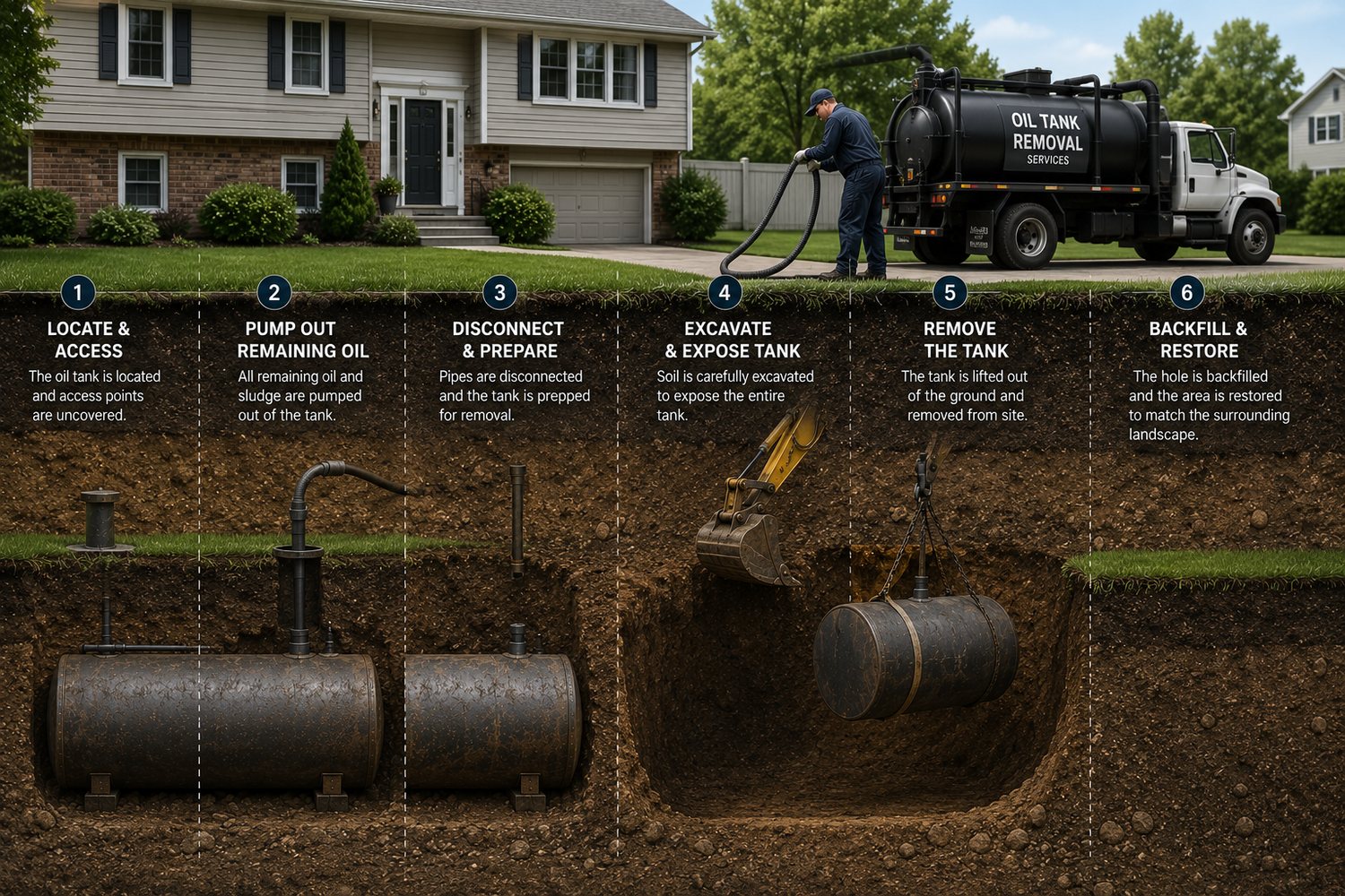 Step by step underground oil tank removal in New Jersey showing excavation, lifting and backfilling the tank